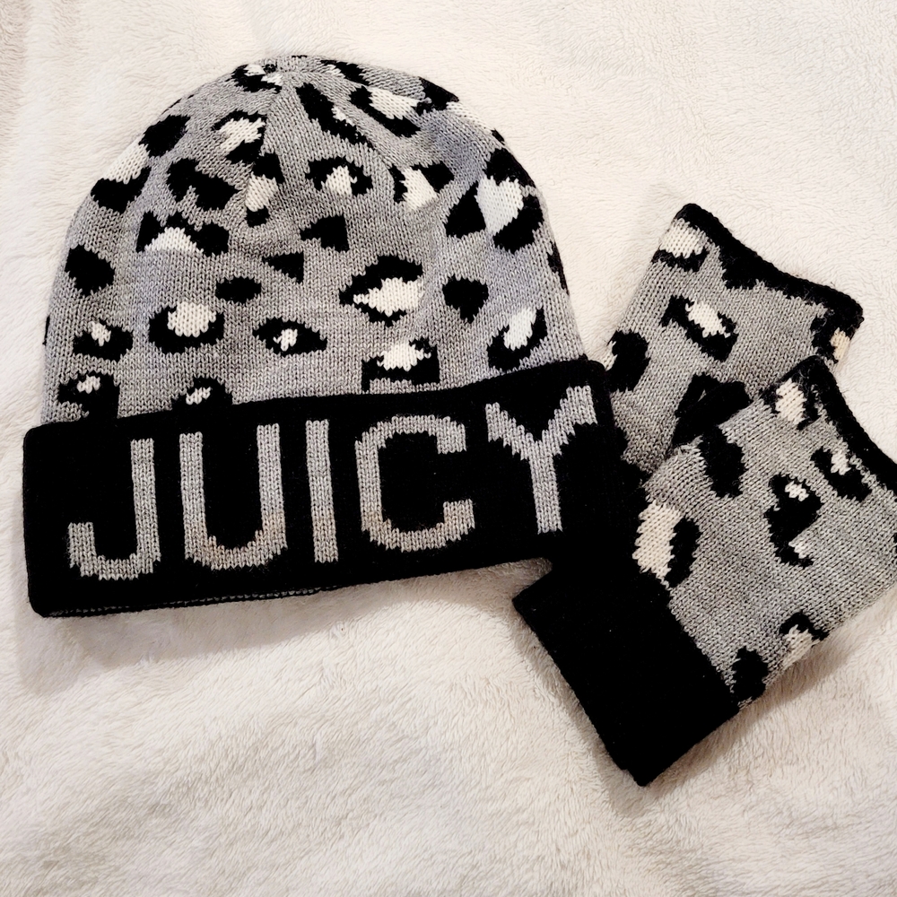 Juicy Couture Black and Gray Leopard Print Kids' Hat and Gloves